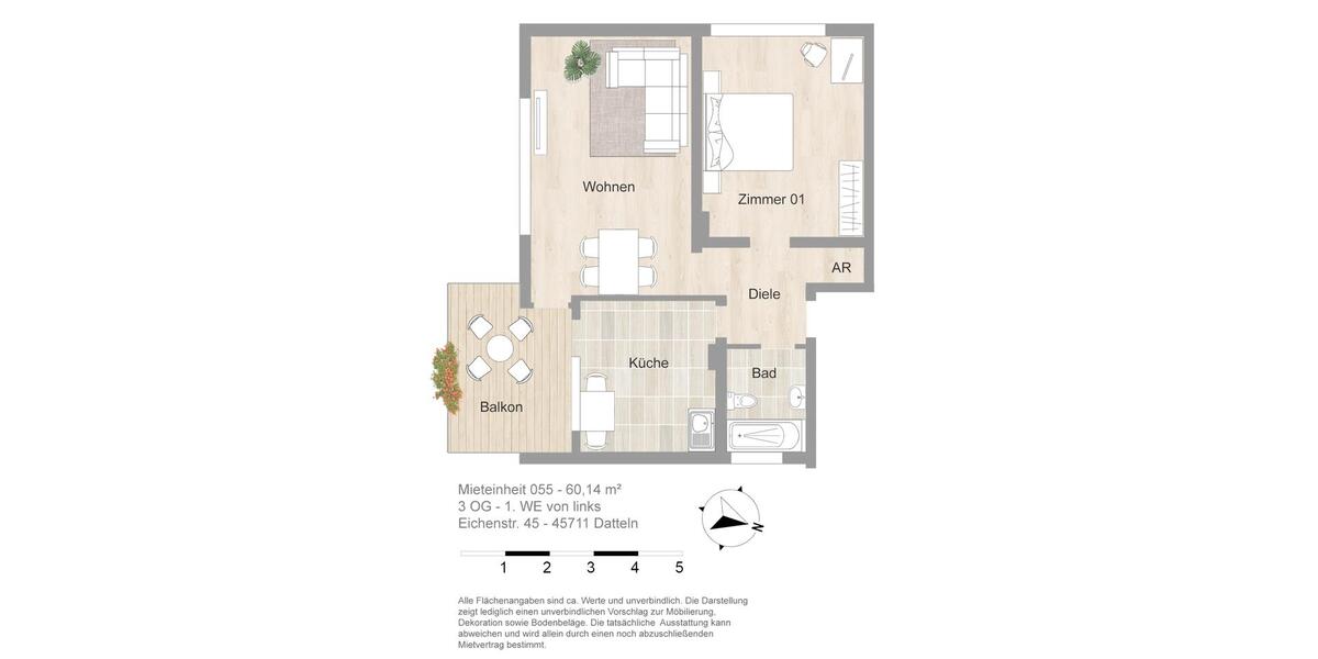 Etagenwohnung Datteln - 2 Zimmer, 60 m&sup2;, 553&euro; | Angebot:25590115