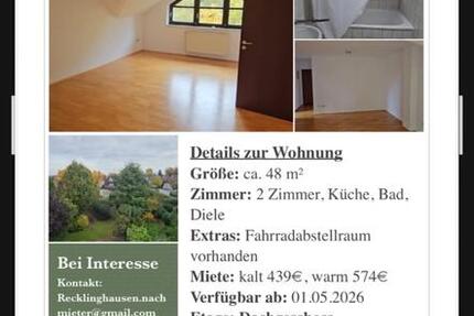 Wohnung Recklinghausen Hillerheide - 2 Zimmer, 48 m&sup2;, 574&euro; | Angebot:26033788