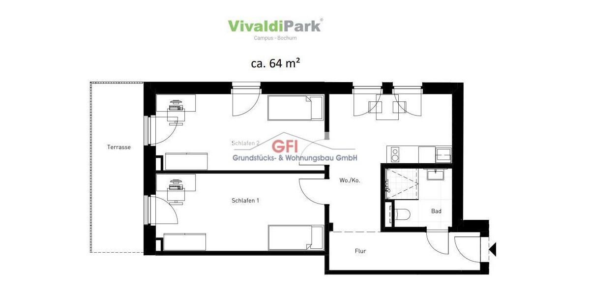 Etagenwohnung Bochum Laer - 2 Zimmer, 62 m&sup2;, 1.090&euro; | Angebot:26381526