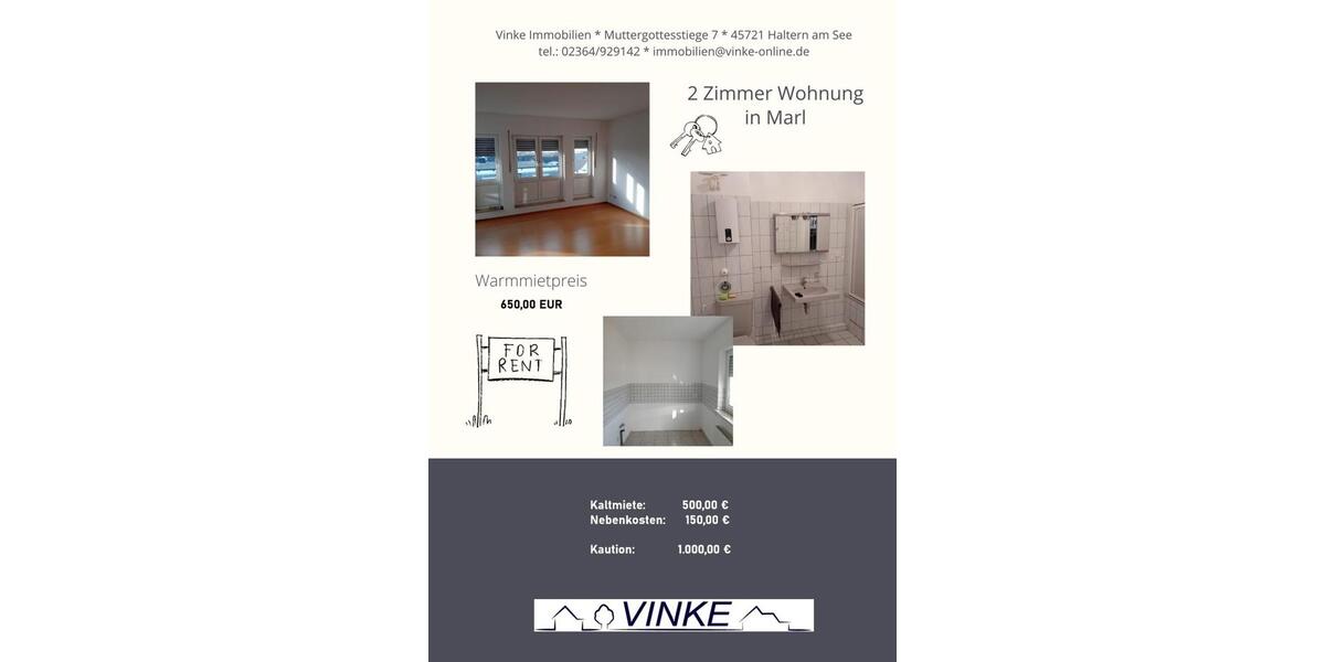 Etagenwohnung Marl - 2 Zimmer, 63 m&sup2;, 500&euro; | Angebot:23858830