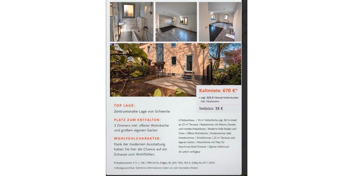 Hochparterre Dortmund - 3 Zimmer, 59 m&sup2;, 670&euro; | Angebot:25934339